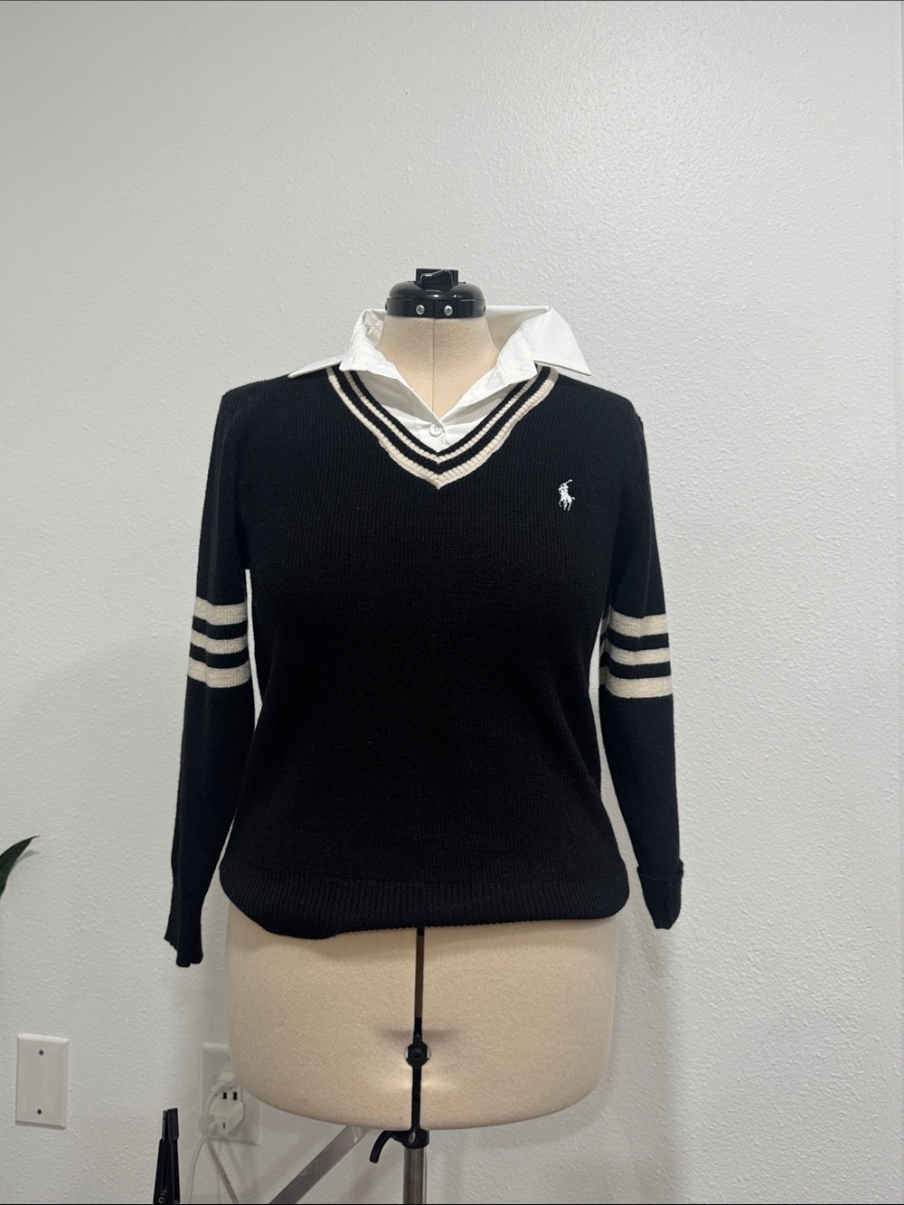 Black V-Neck Long Sleeve Sweater with White Stripe Detail